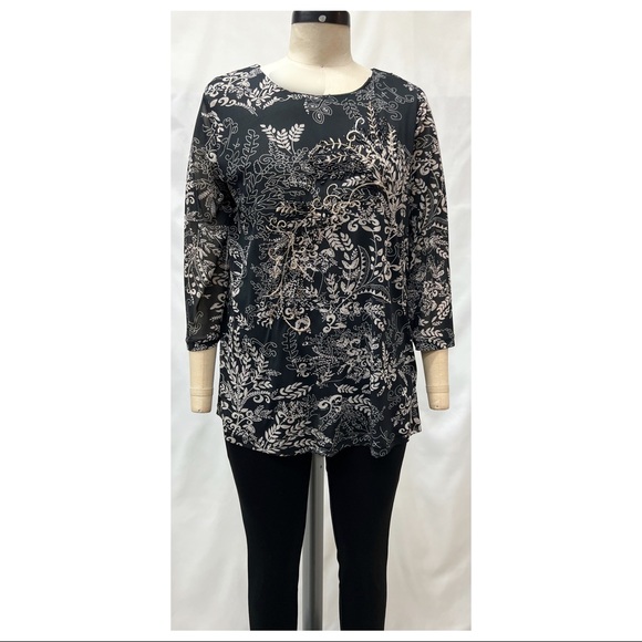 CJ Banks Black Multicolor Embellished 3/4 Sleeve Knit Printed Mesh Blouse - Picture 2 of 15